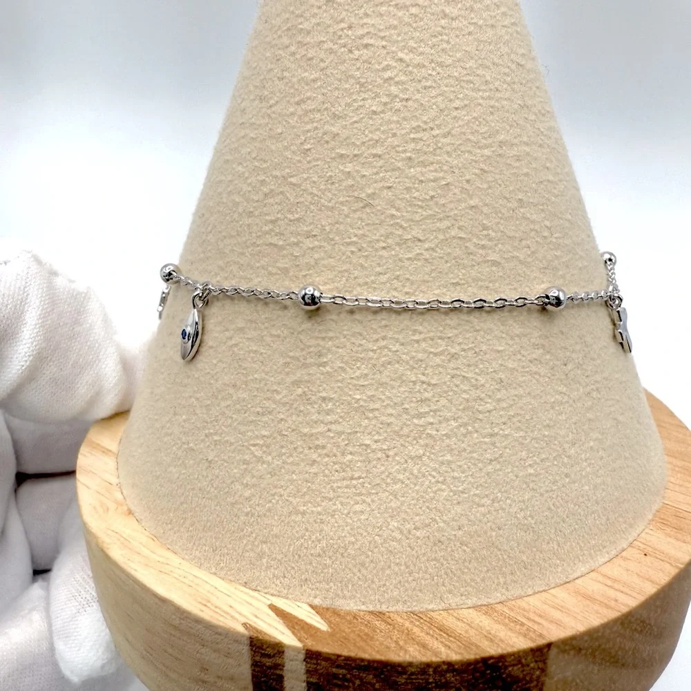 6.75” Dainty .925 Sterling Silver Dangle Eye, Cross and Hamsa Charm Bracelet